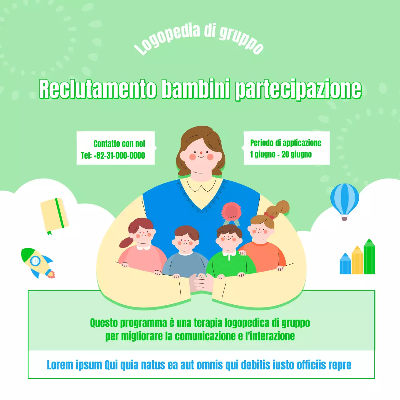 Reclutamento di bambini per la logopedia in giallo e verde