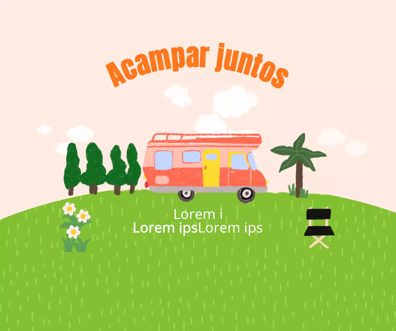 Parque de campismo luminoso e alegre com ilustrações desenhadas à mão