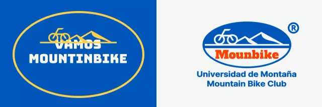 Club de ciclismo de montaña con un logotipo sencillo con montañas y bicicletas