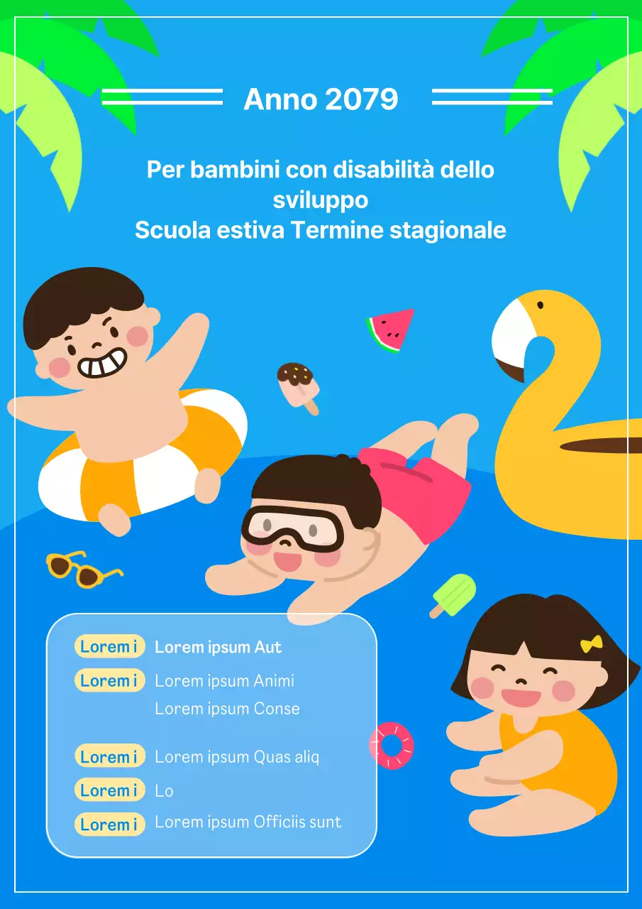 Un simpatico poster blu e giallo che promuove un programma per bambini con disabilità dello sviluppo.