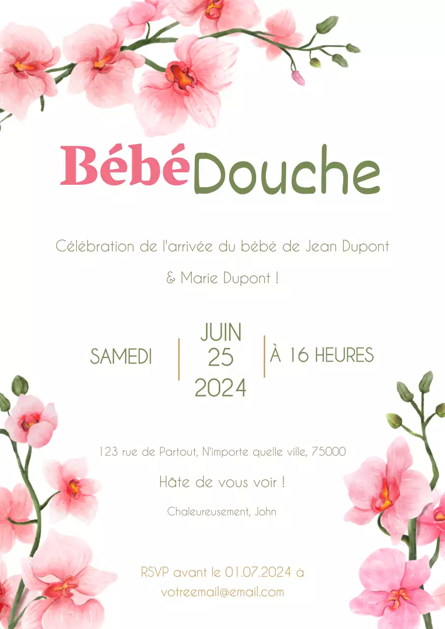 Invitation à la fête de bébé : fleurs naturelles roses