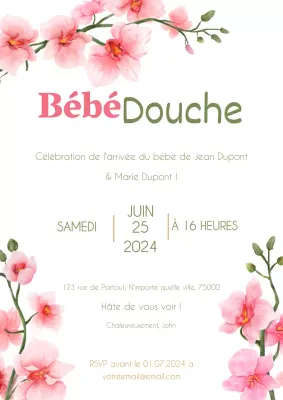 Invitation à la fête de bébé : fleurs naturelles roses