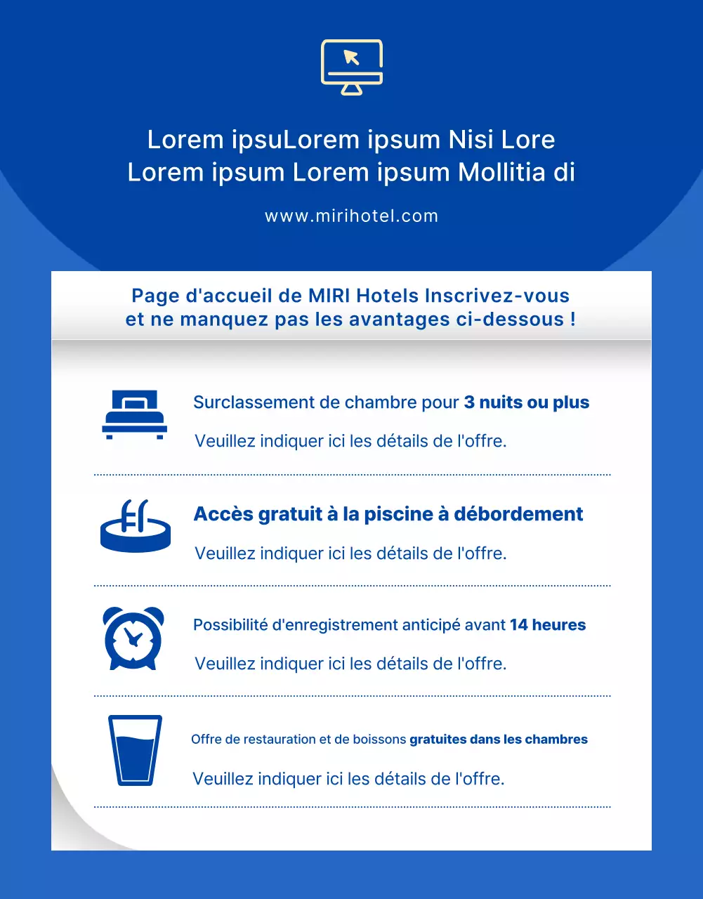 Faites la promotion des vacances d'été de votre hôtel dans des tons de bleu et de bleu clair très tendance.