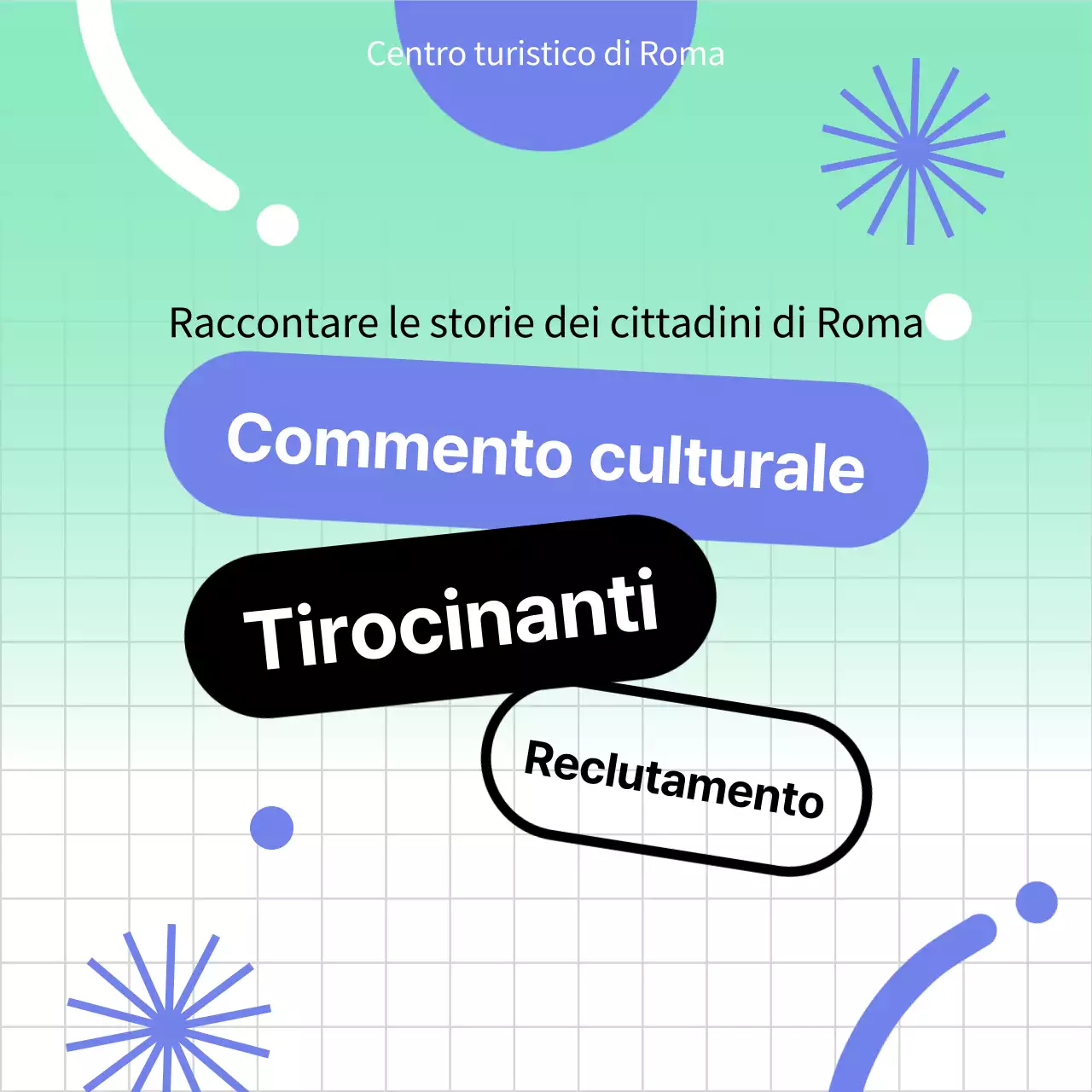 Annuncio di tirocinio per interpreti culturali in blu e menta