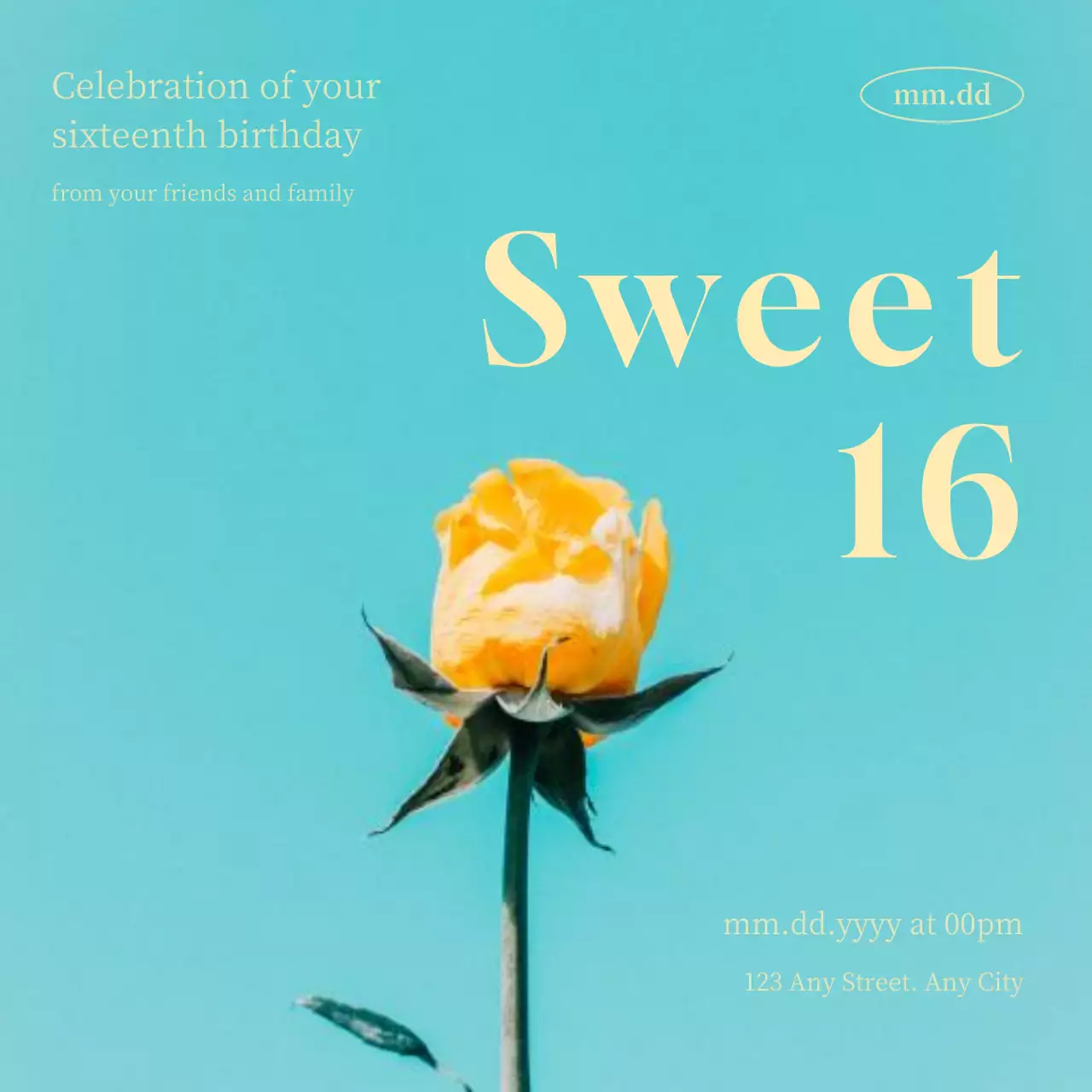 터키석 꽃 생일 초대장 소셜 미디어 게시물