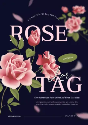 Ein schickes Werbeplakat für den Rosentag eines Blumenladens in Marineblau und Rosa.