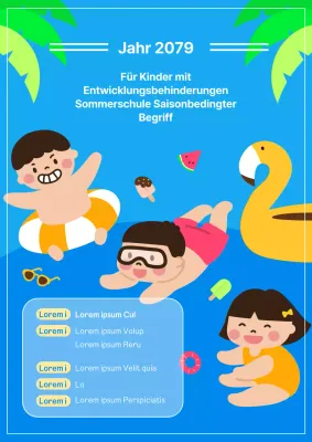 Ein hübsches blau-gelbes Poster, das für ein Programm für Kinder mit Entwicklungsstörungen wirbt.
