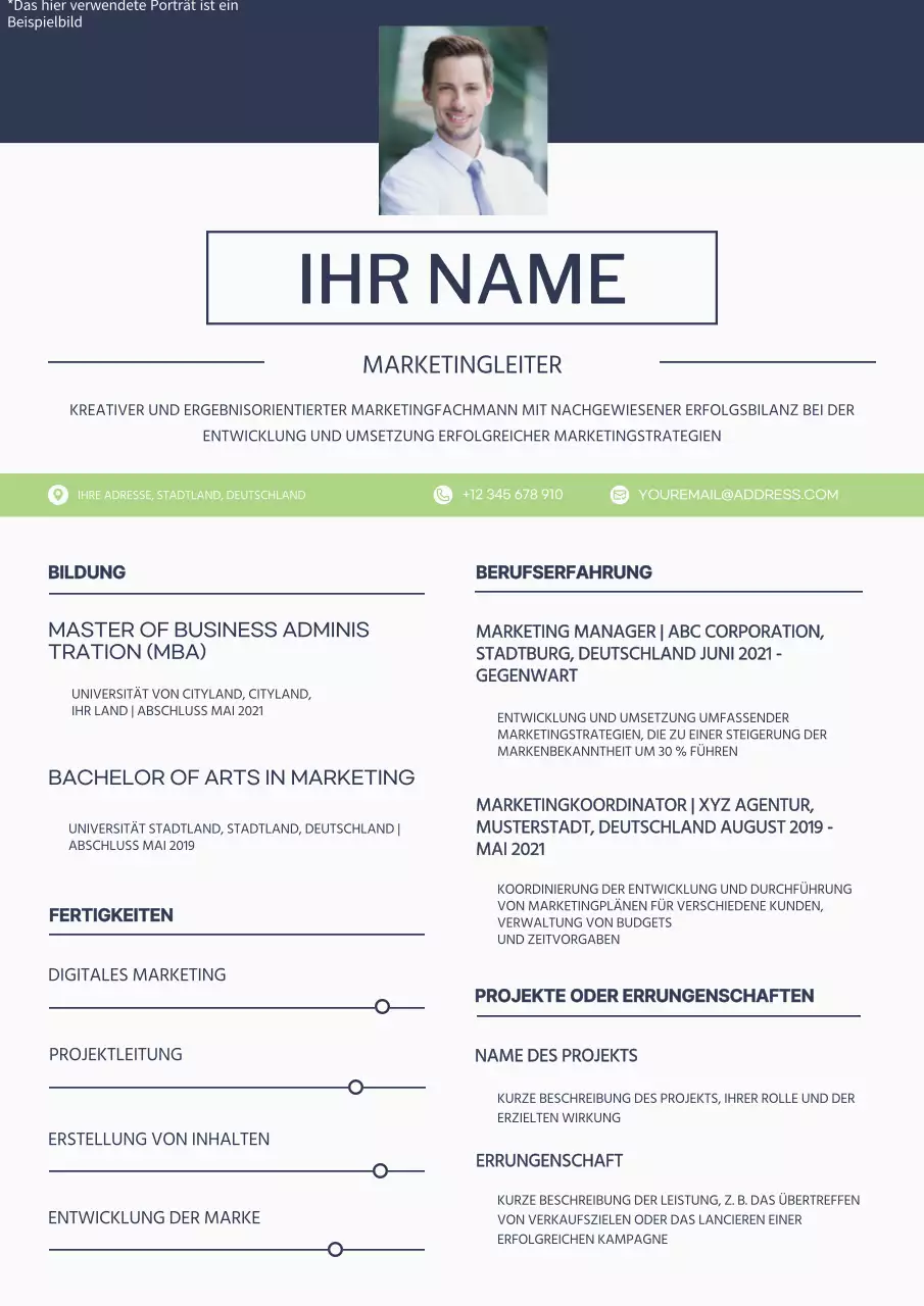 Blau-weißes einfaches Marketing Manager Portfolio