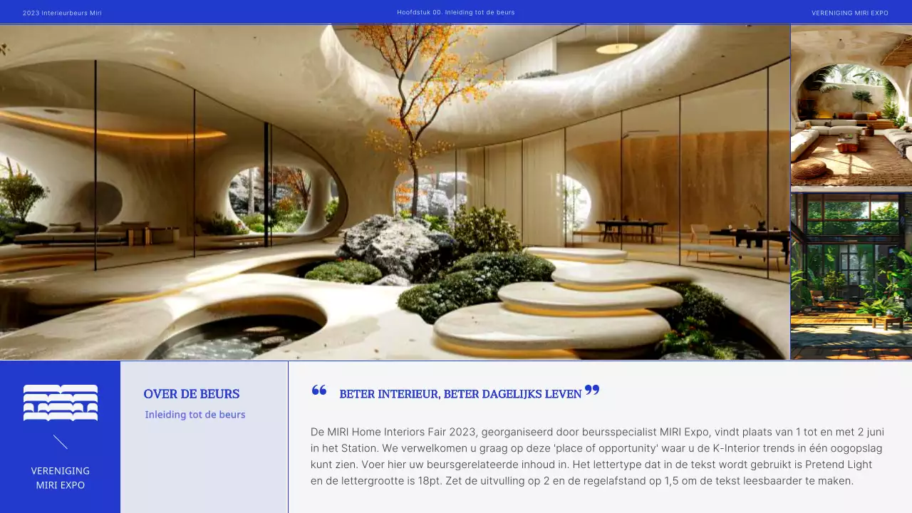 Modern interieur beursvoorstel in blauw en zwart