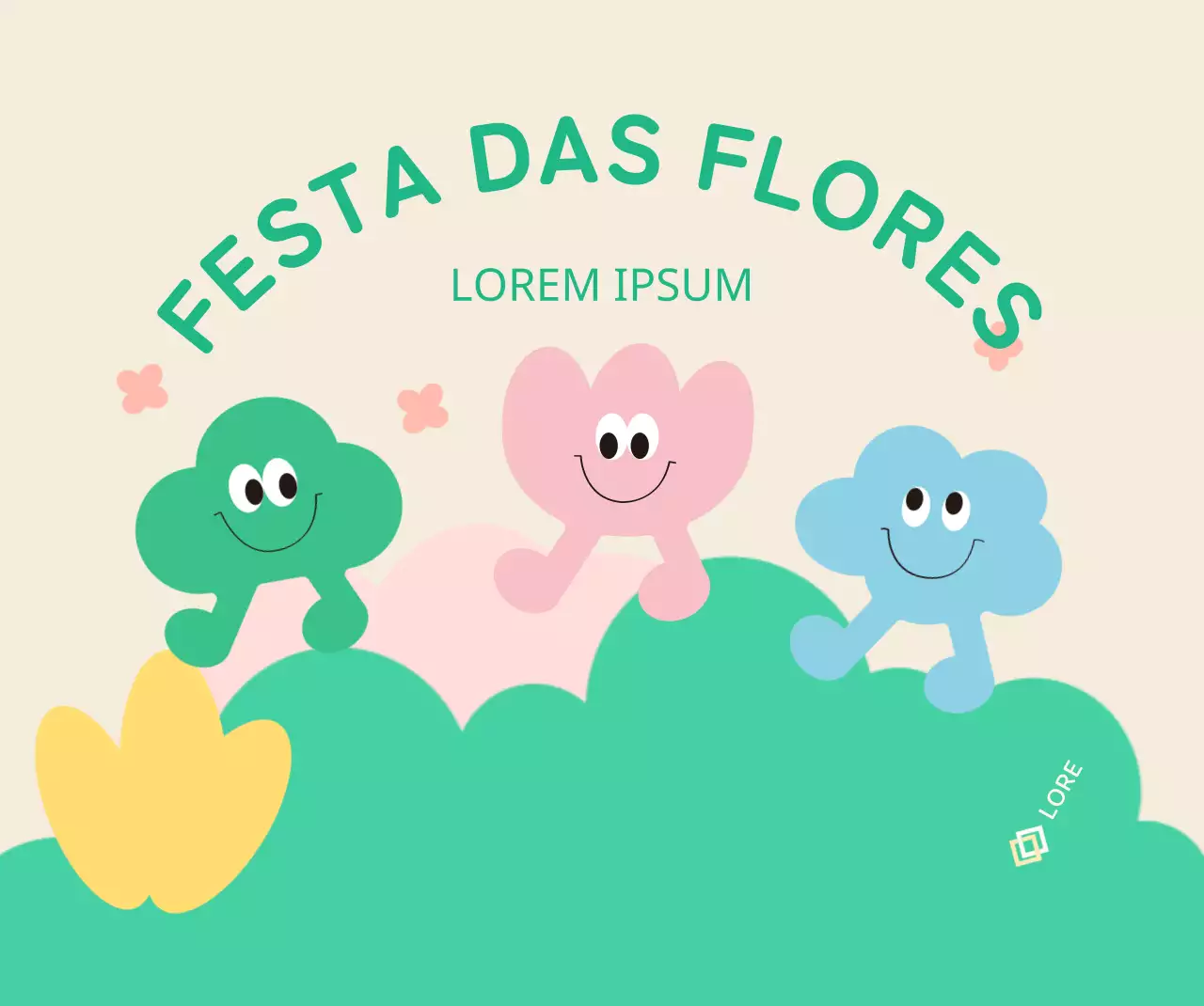 Um festival de flores de cores vivas, com personagens engraçadas e flores, nuvens e relva