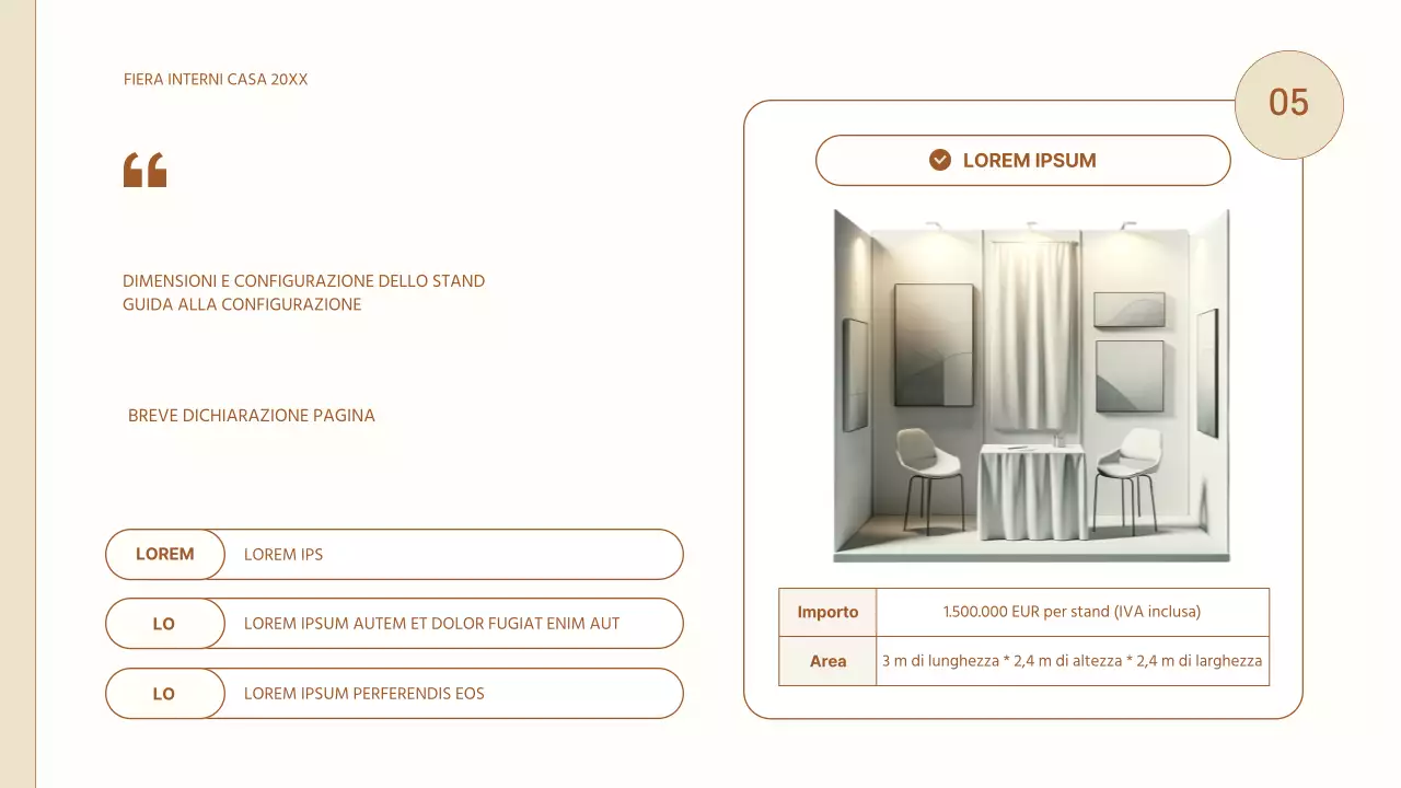 Semplice proposta fieristica di interni per la casa in beige e marrone