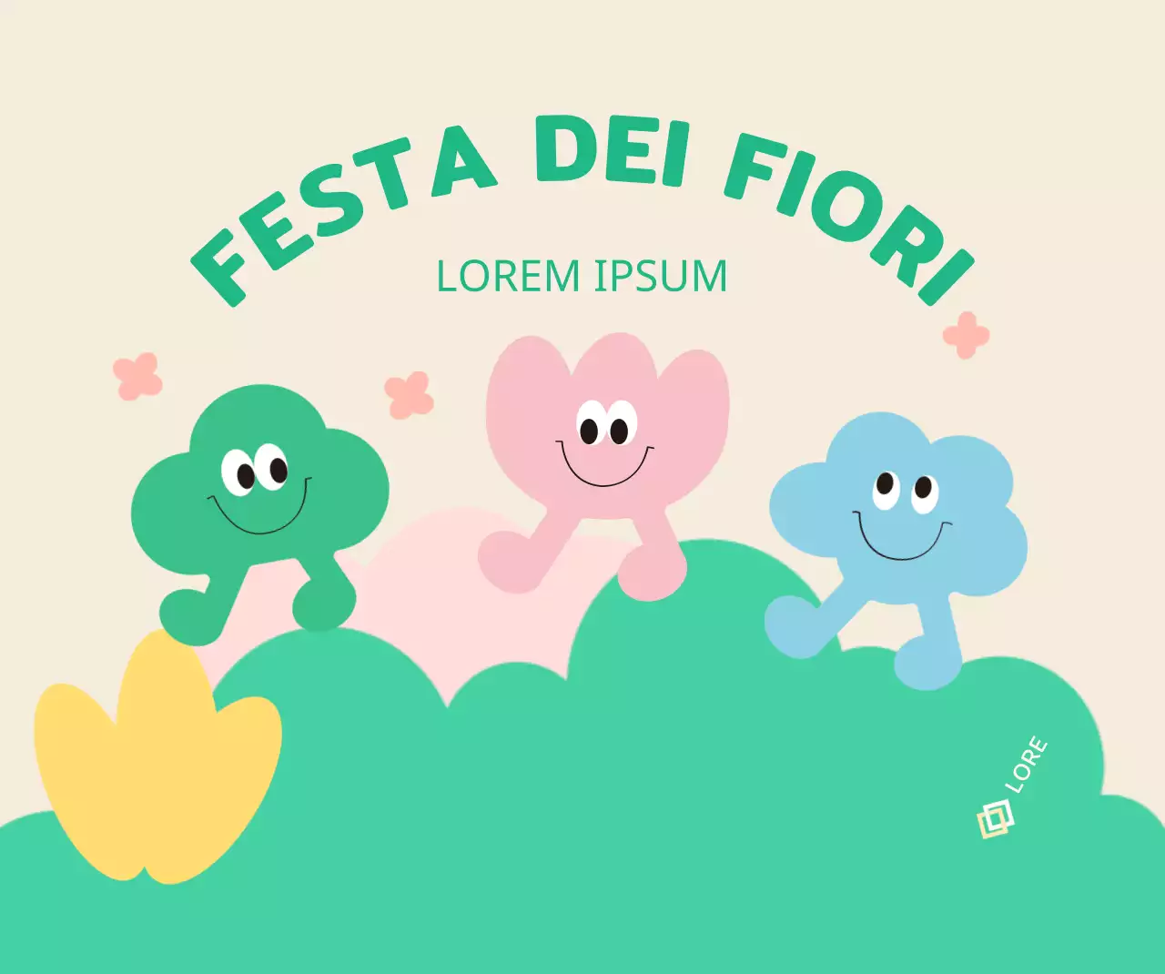 Un festival floreale dai colori vivaci con simpatici personaggi e fiori, nuvole ed erba.
