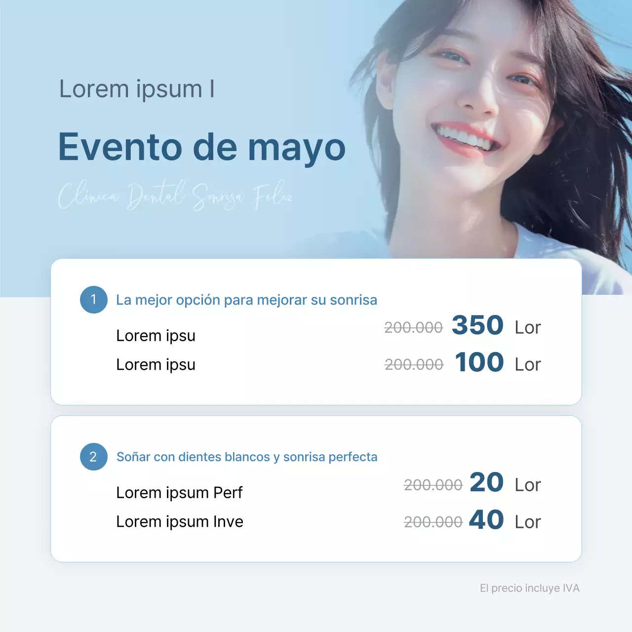 Promoción de la guía de precios de un evento hospitalario para promocionar una sencilla consulta dental en blanco y azul claro