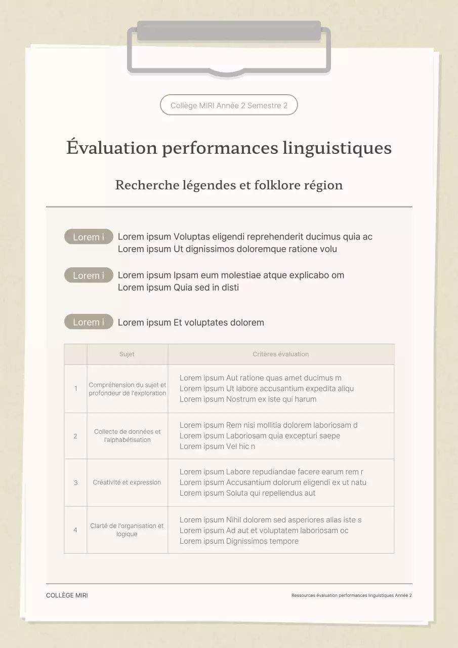 Un concept de presse-papier simple en beige et blanc pour le Guide d'évaluation des performances linguistiques