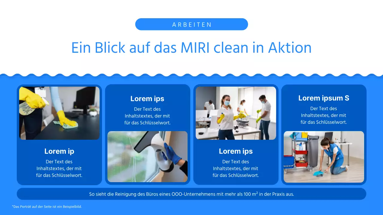 Ein einfacher blau-weißer Prospekt für eine Reinigungsfirma, die einzieht