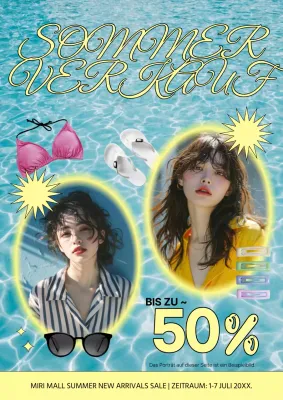 Ein Plakat, das für den Ausverkauf der neuen Sommerware in Gelb wirbt.