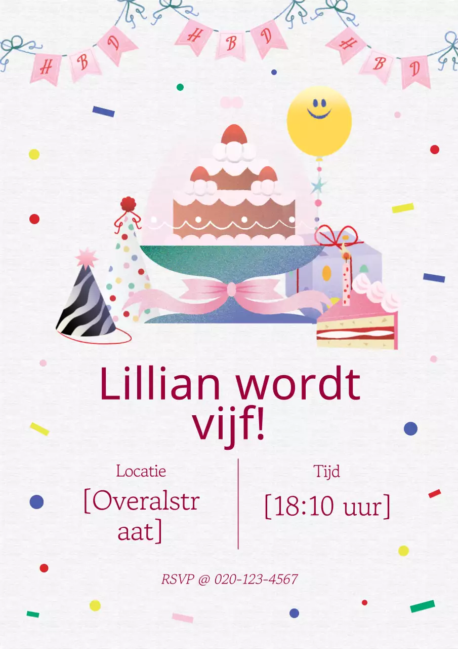 Uitnodiging modern verjaardagsfeestje roze en grijs