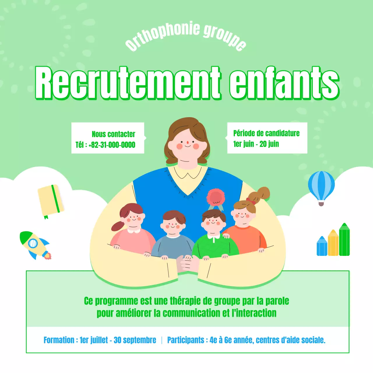 Recrutement d'enfants pour une thérapie orthophonique en jaune et vert