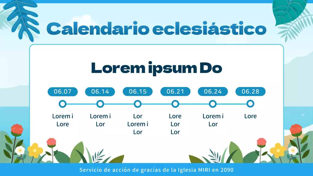 Guía de servicios religiosos con un toque tropical en azul y azul claro