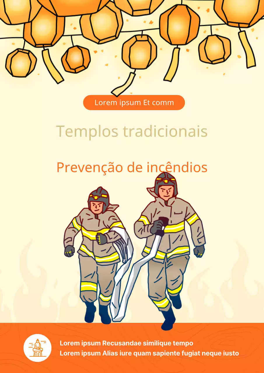 Um simples cartaz amarelo e laranja que promove uma vigilância especial contra incêndios.