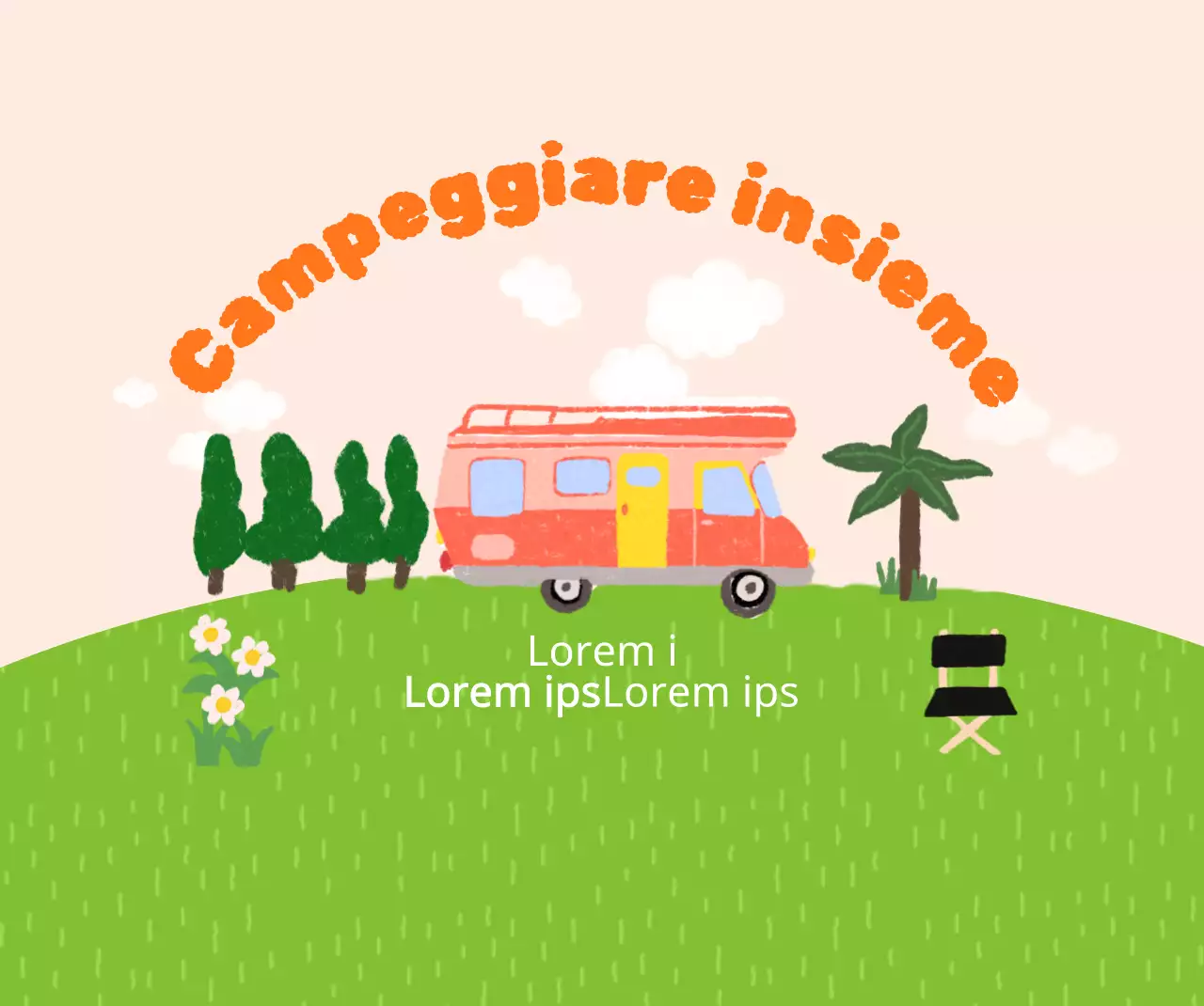 Campeggio luminoso e allegro con illustrazioni disegnate a mano