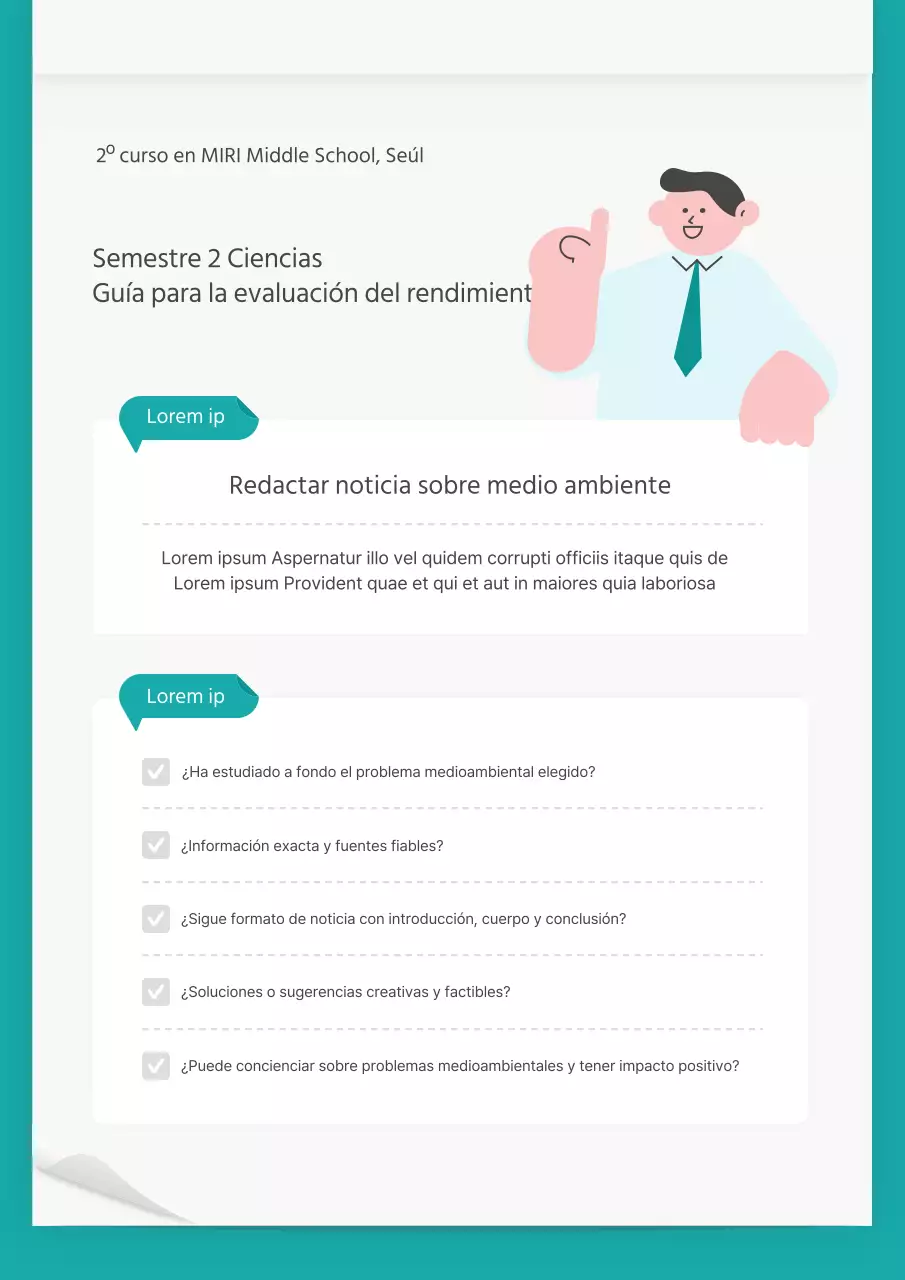 Guía de evaluación del rendimiento científico para conceptos en papel con caracteres azul claro y menta