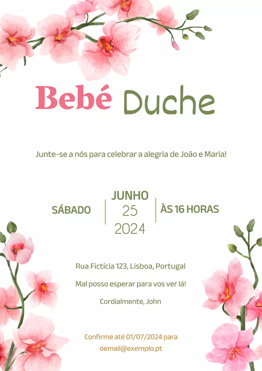 Convite de chá de bebé com flores naturais cor-de-rosa