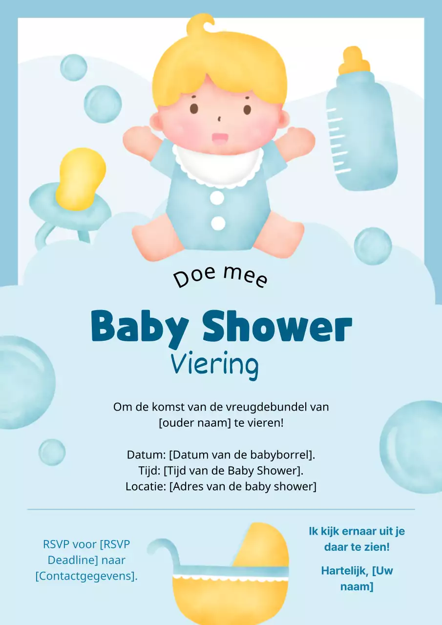 Hemelsblauw en Geel Eenvoudige Baby Shower Uitnodiging