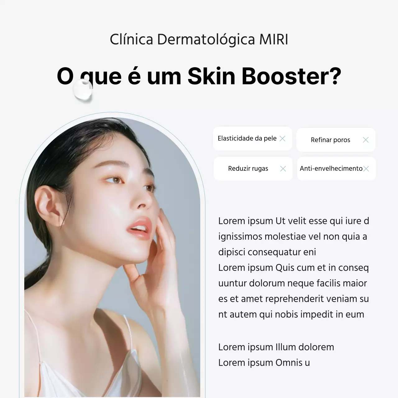 Palavras-chave e descrições de procedimentos de marketing hospitalar para promover um consultório de dermatologia simples, branco e azul claro