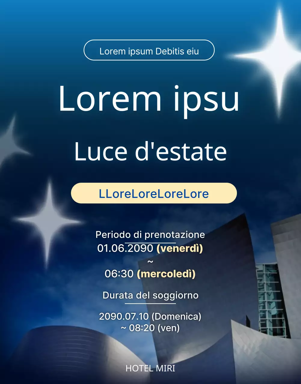 Promuovete le promozioni per le vacanze estive del vostro hotel con le tonalità trendy del blu e dell'azzurro