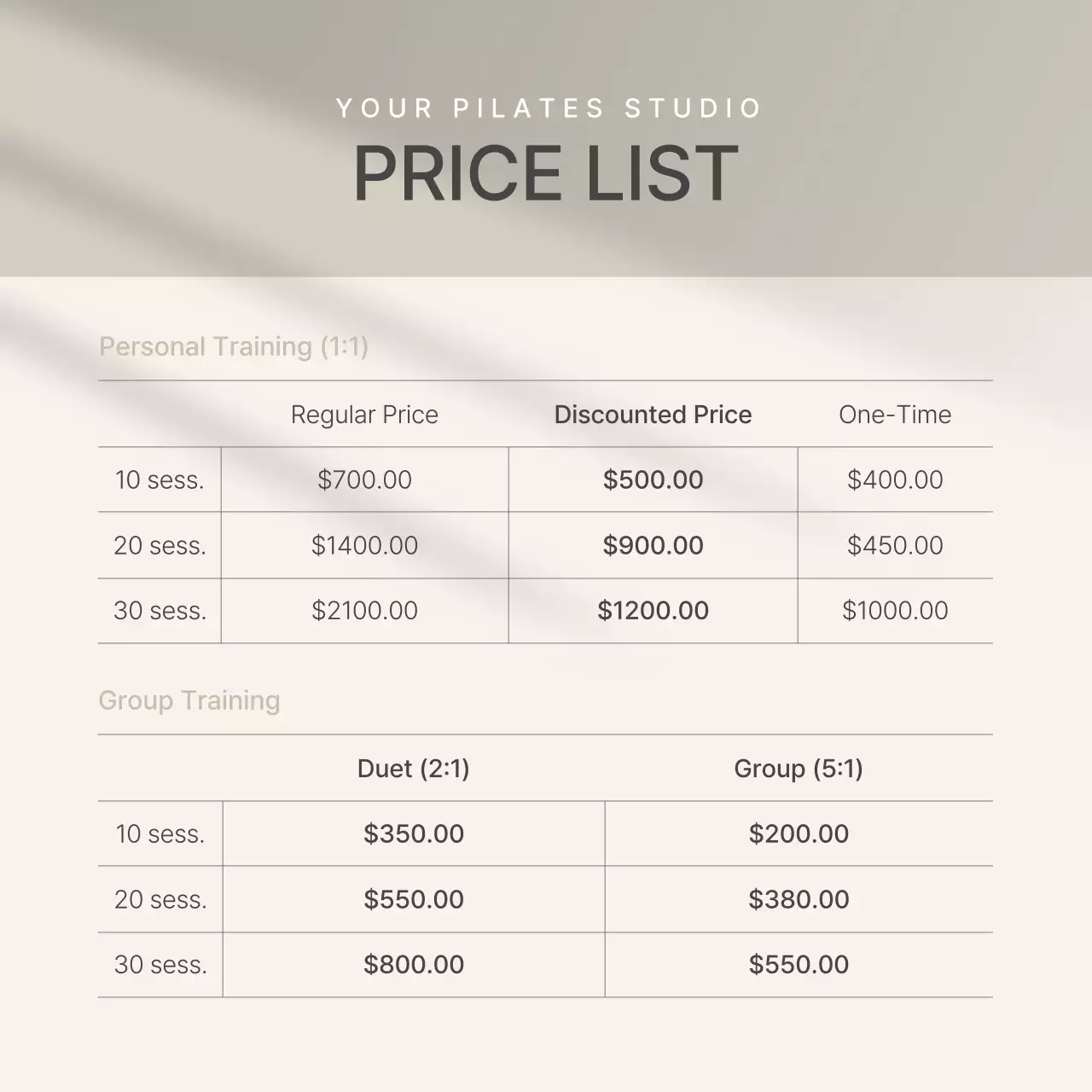 Beige Minimal Training Price List Social Media Post
