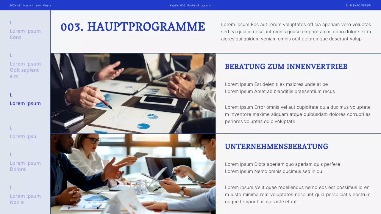 Moderner Messevorschlag für die Inneneinrichtung in Blau und Schwarz