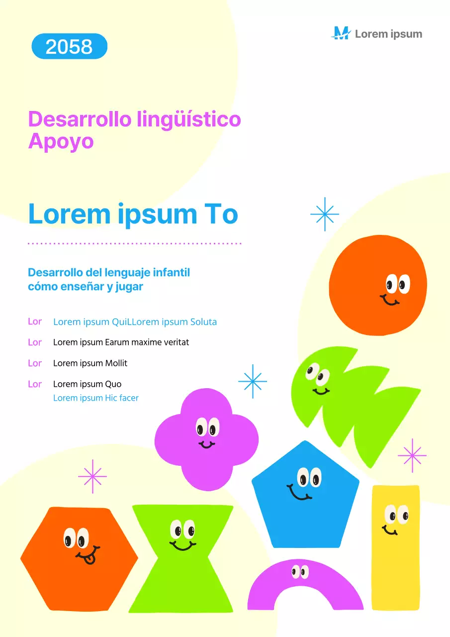 Bonito folleto amarillo y morado para promocionar un programa de formación lingüística