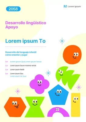 Bonito folleto amarillo y morado para promocionar un programa de formación lingüística