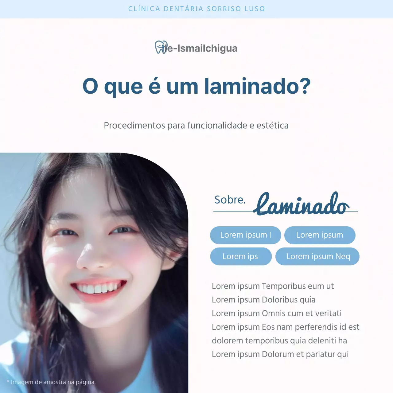 Odontologia simples em branco e azul claro para promover o guia de informações sobre procedimentos hospitalares