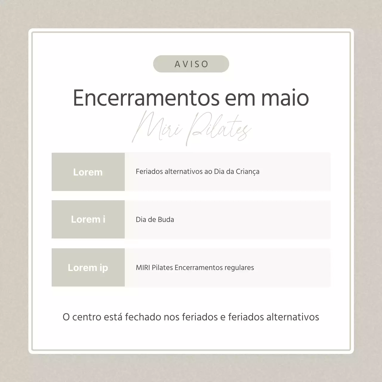 Modern Pilates em bege e anúncio de fecho em marfim