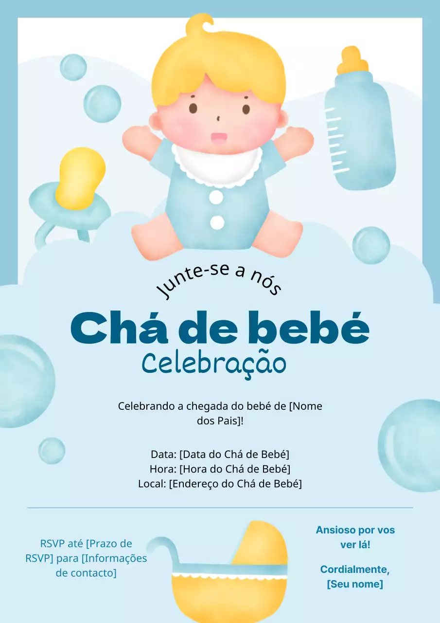Convite de chá de bebé simples azul-celeste e amarelo