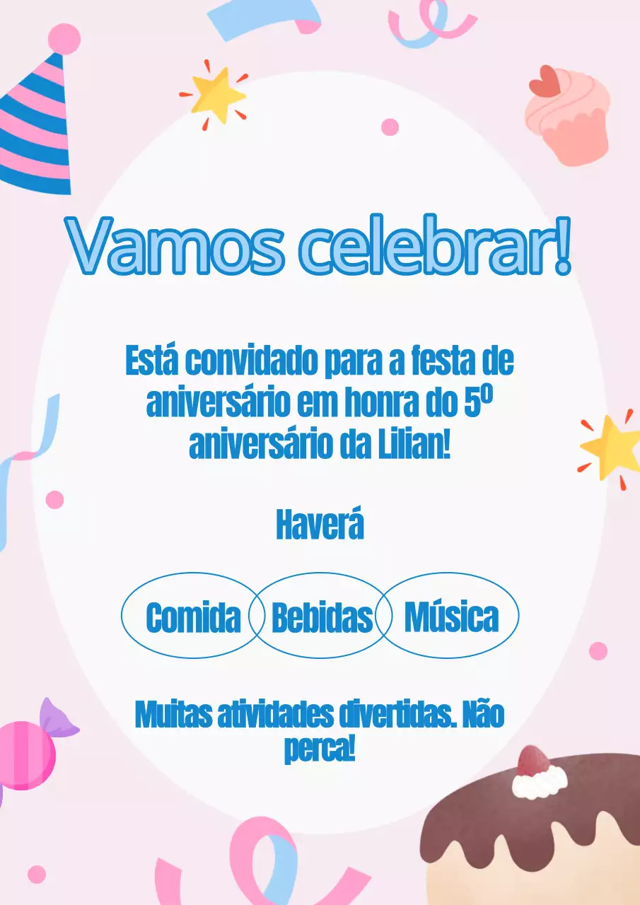 Convite de festa de aniversário rosa e azul em negrito