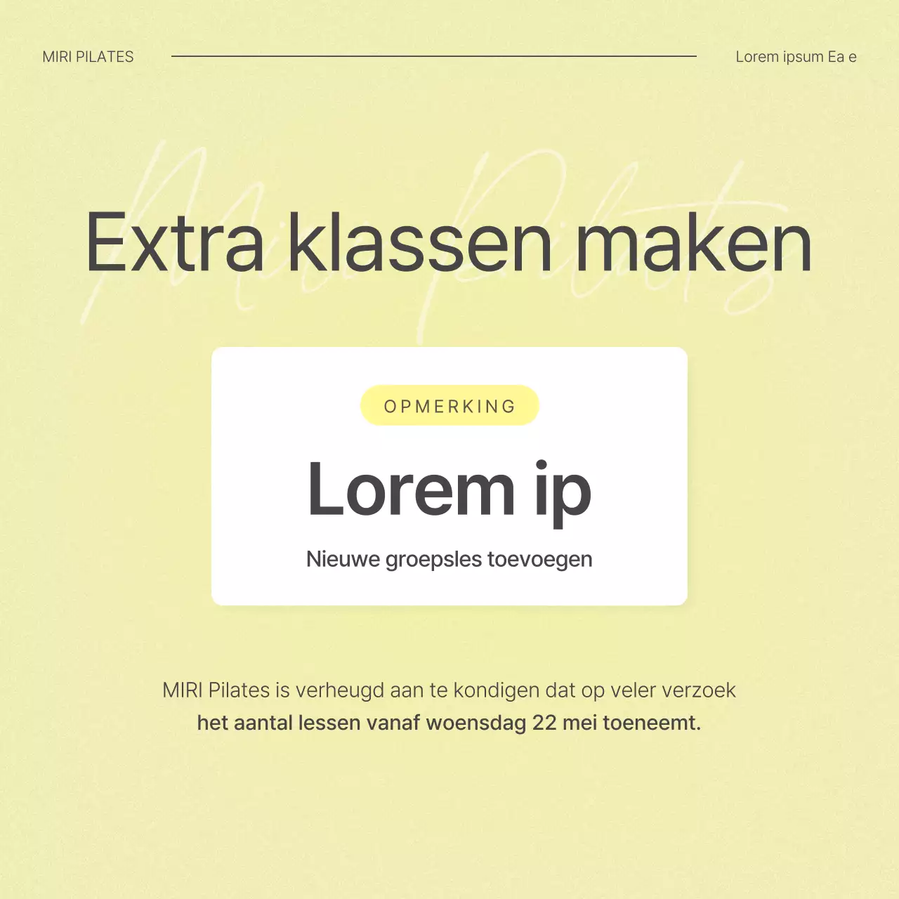 Aankondiging van de toevoeging van een moderne Pilates-les in wit en geel