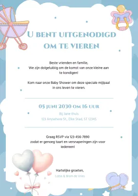 Uitnodiging hemelblauwe animatie baby shower