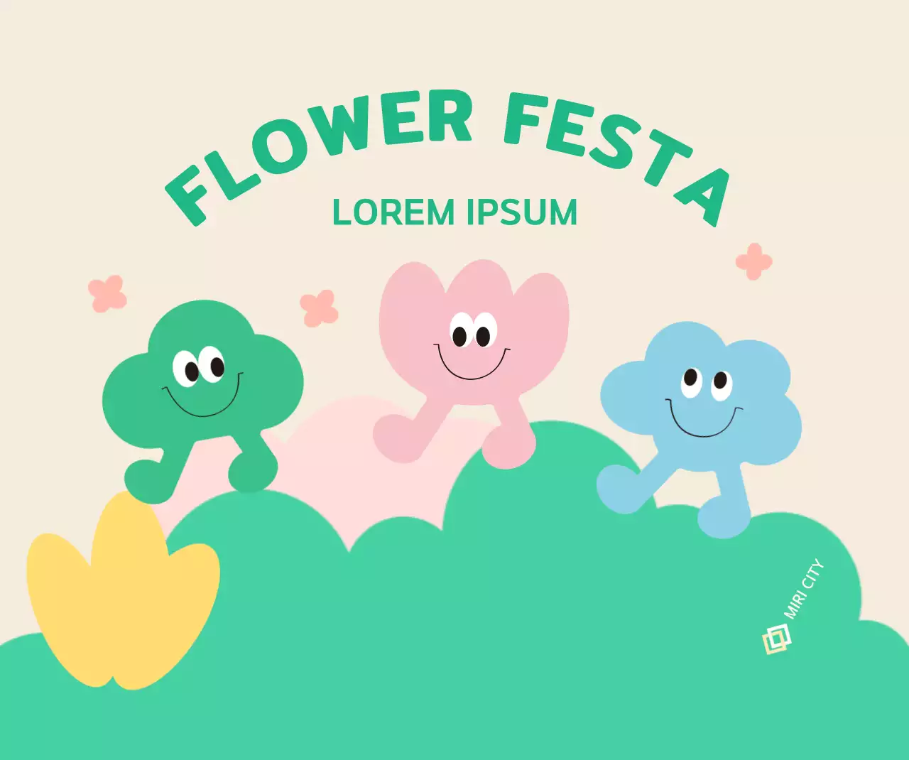 Festival bunga berwarna-warni dengan karakter-karakter lucu dan bunga, awan, dan rumput