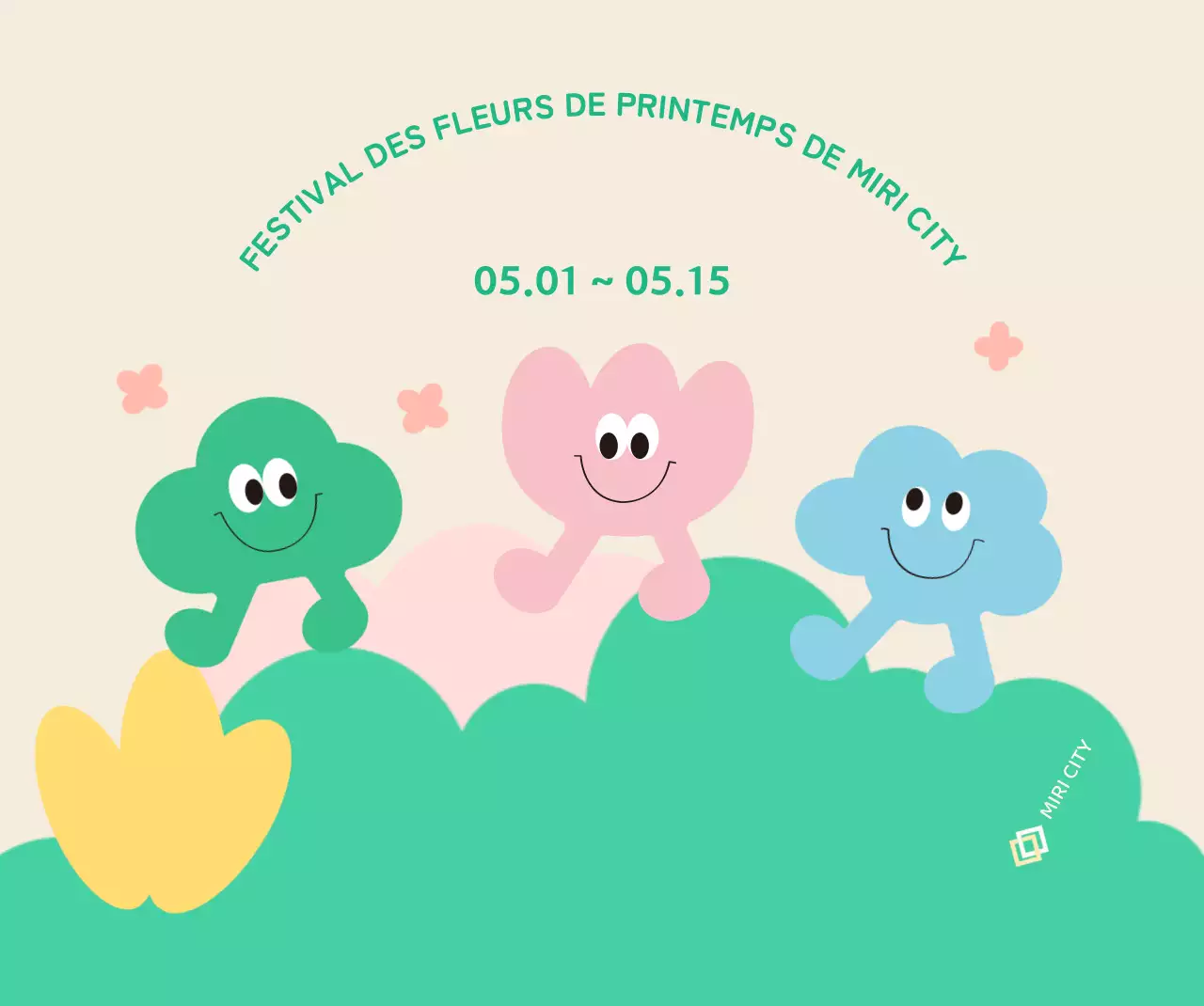 Un festival des fleurs aux couleurs vives avec de jolis personnages, des fleurs, des nuages et de l'herbe.