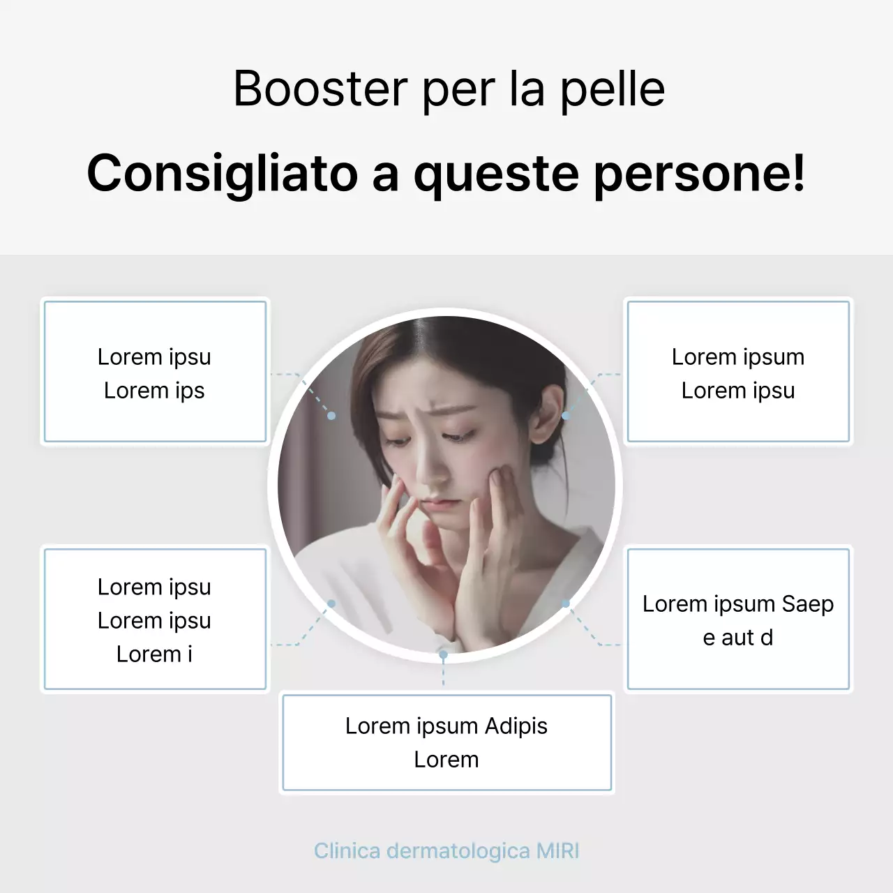 Parole chiave e descrizioni di procedure di marketing ospedaliero per promuovere un semplice studio dermatologico bianco e azzurro