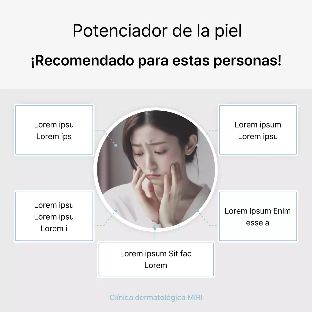Palabras clave y descripciones del procedimiento de marketing hospitalario para promocionar una sencilla consulta de dermatología en blanco y azul claro.
