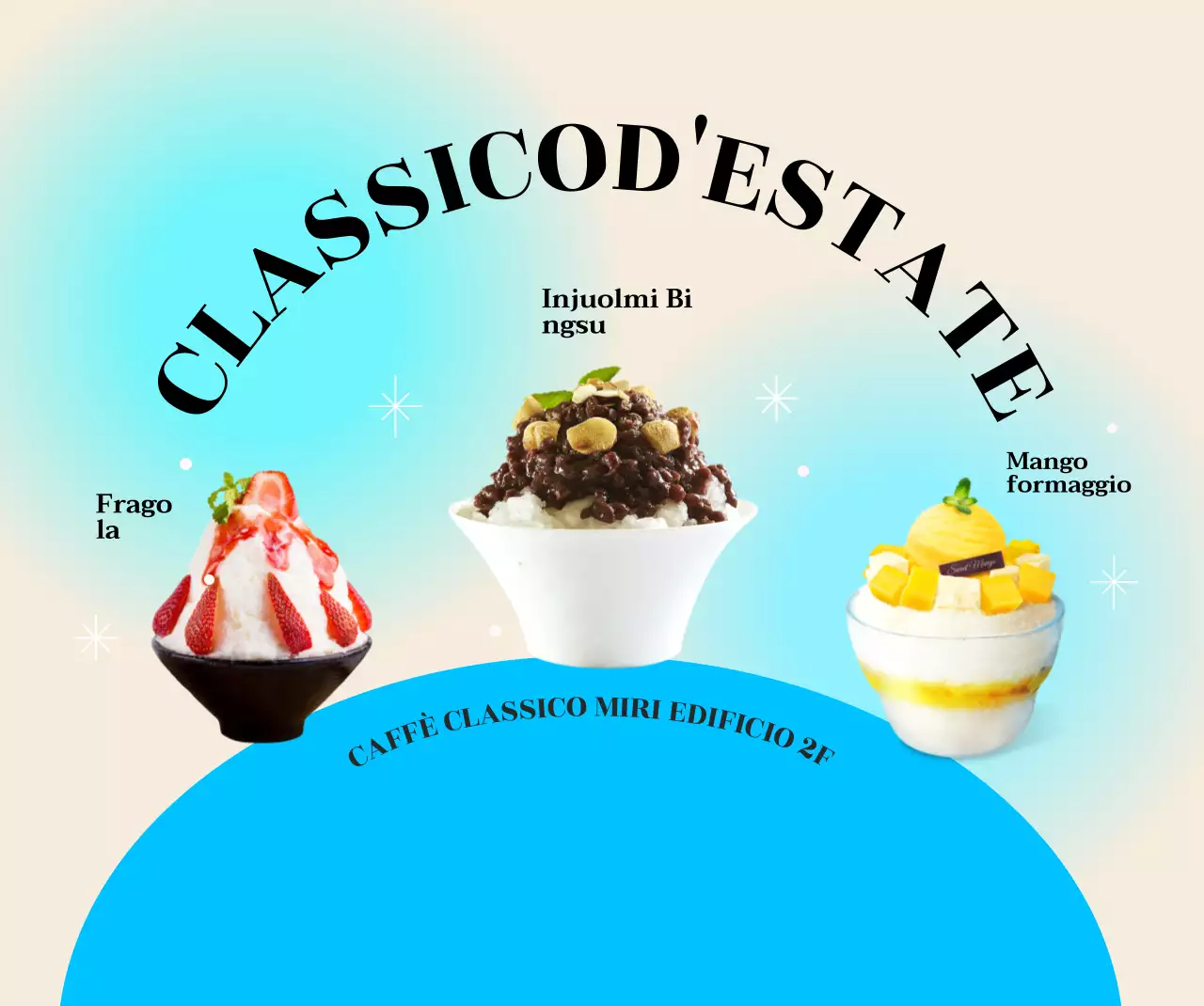 Cool menu caffè estate con foto di menu di ghiaccio rasato e sfondo sfumato