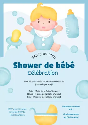 Invitation simple à la fête de bébé bleu ciel et jaune