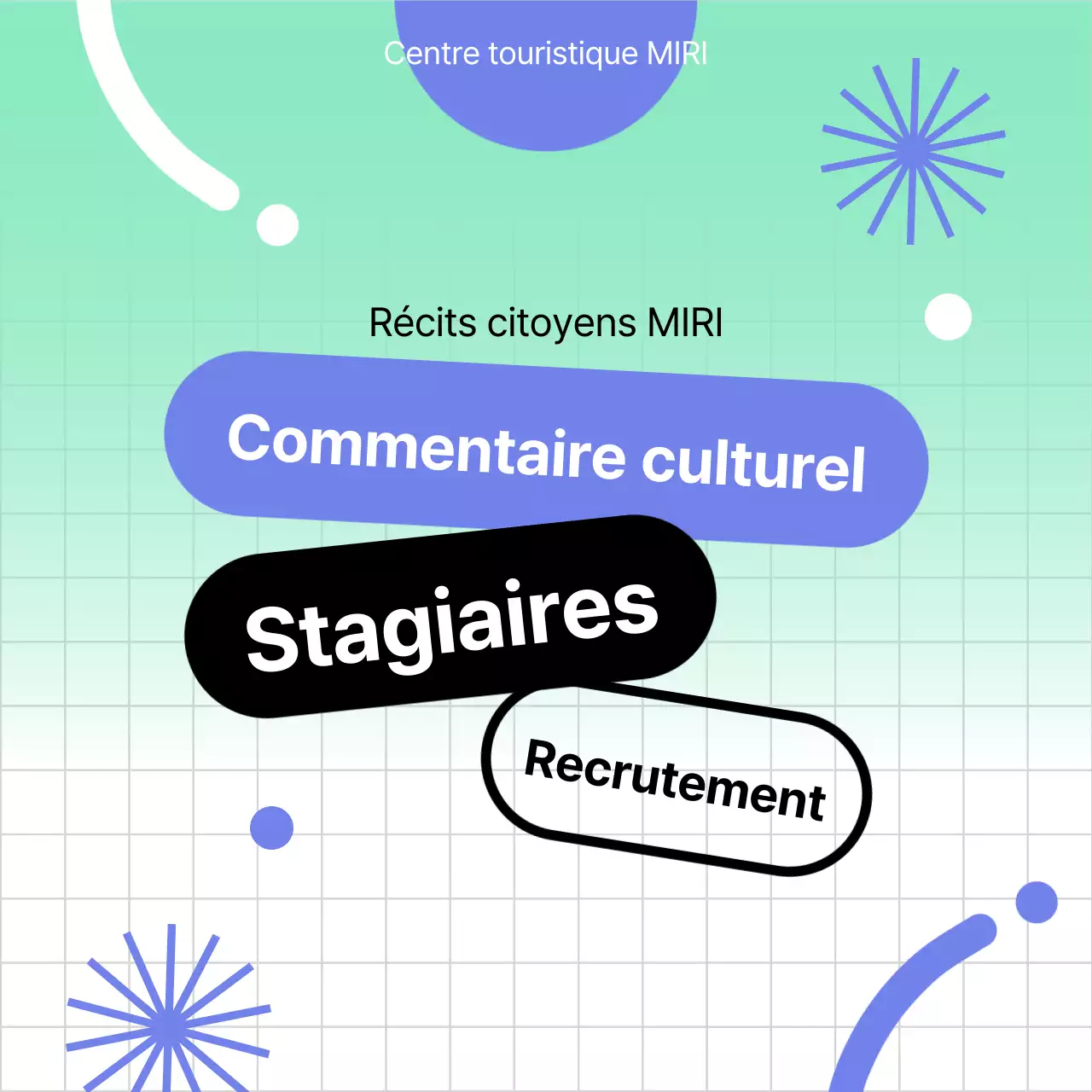 Annonce de stage d'interprète culturel géométrique bleu et menthe