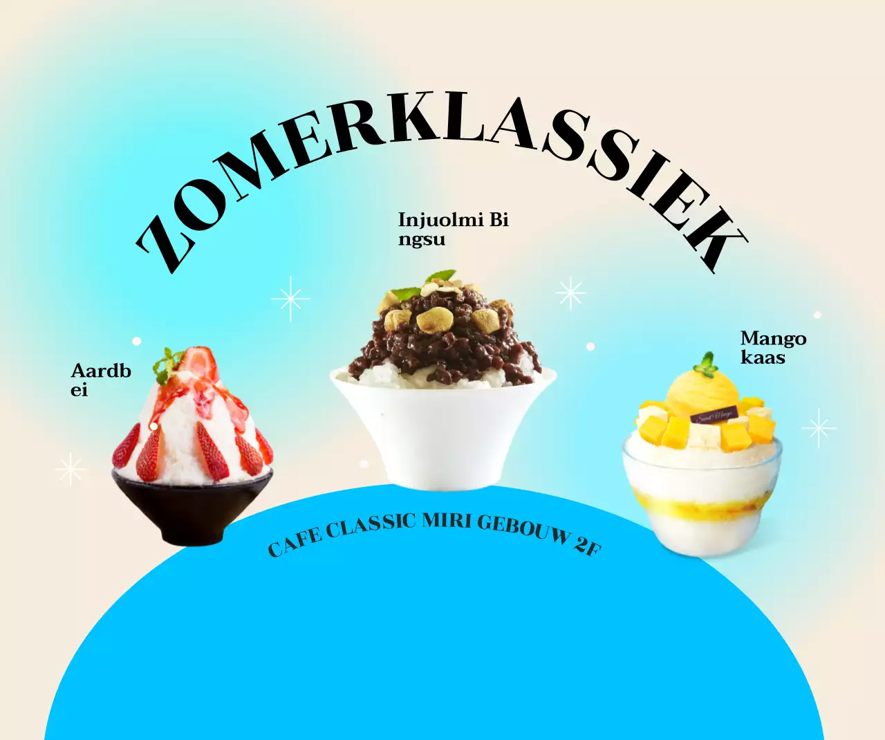 Cool zomercafémenu met foto van geschaafd ijsmenu en gradiëntachtergrond