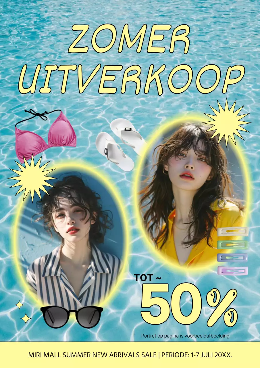 Een poster met reclame voor een uitverkoop van nieuwe zomerartikelen in geel.
