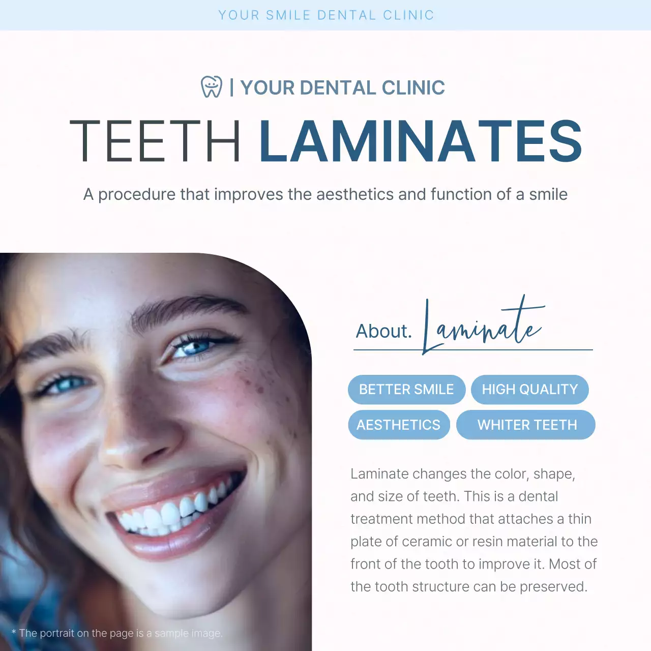 Promoting a simple white and light blue dental practice to inform patients about the practice's procedures